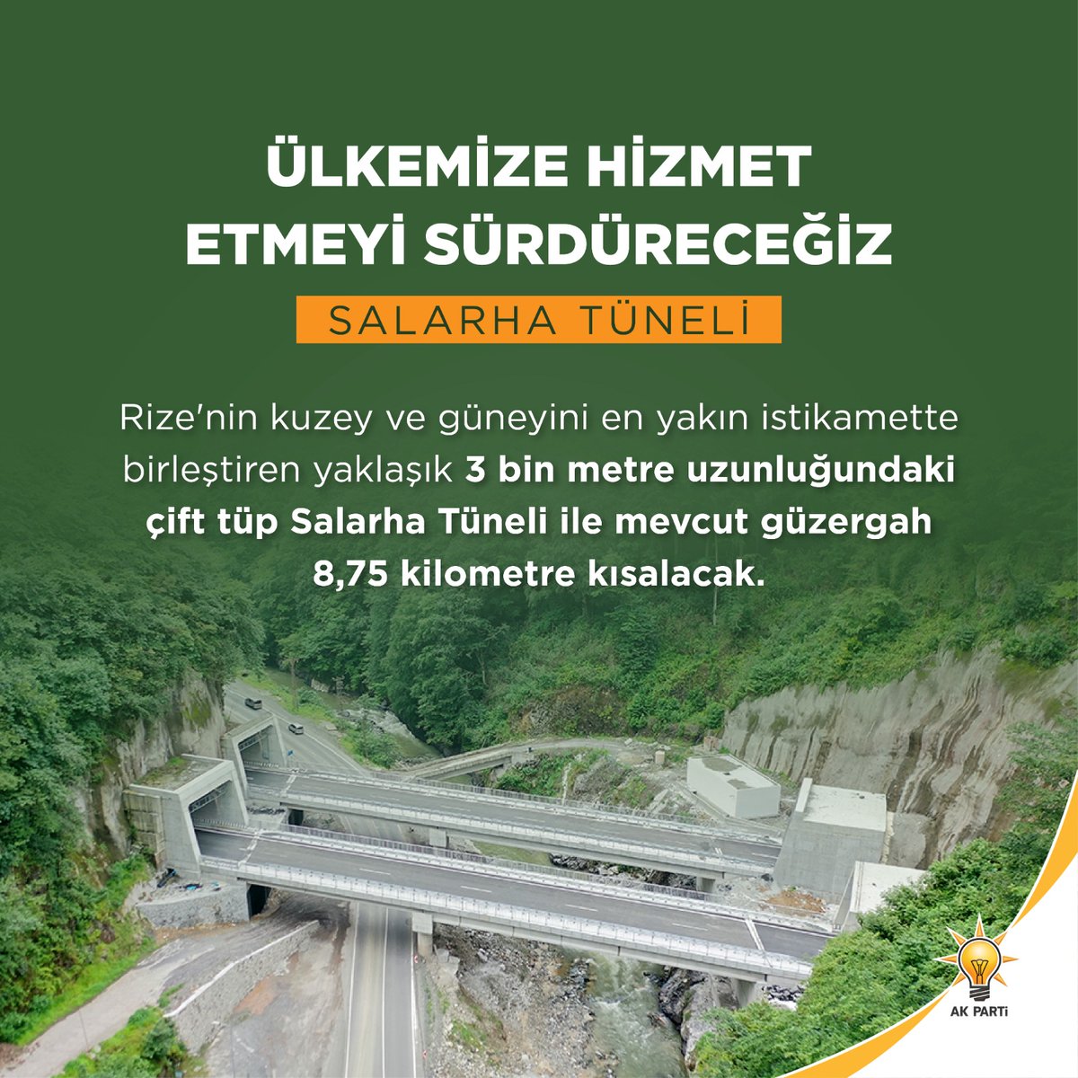 AkpartiArnvtky's tweet photo. Salarha Vadisi’ni Rize şehir merkezine bağlayan Salarha Tüneli Cumhurbaşkanımız Sayın @RTErdogan’ın teşrifleriyle açılıyor. 
Hayırlı, uğurlu olsun. 🇹🇷
Ülkemize hizmet etmeyi sürdüreceğiz. https://t.co/XRYJnmt1BM
