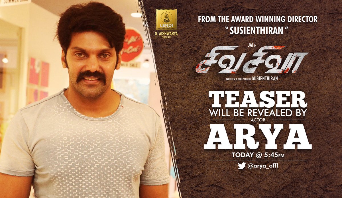 #ShivaShivaa teaser will be unveiled by the #Sarpatta Star @Arya_offl today at 5:45 PM. Get ready for revenge! 🗡️

<a href="/Actor_Jai/">Jai</a>'s musical debut 🎶

#Susienthiran @meenakshigovin2 <a href="/lendi_studios/">Lendi Studios</a> <a href="/VelrajR/">rvelrajcinematograph</a> <a href="/mukasivishwa/">MU.KASIVISHWANATHAN</a> <a href="/ajay250193/">Ajay praveen kumar</a> <a href="/saregamasouth/">Saregama South</a> <a href="/DoneChannel1/">Done Channel</a> <a href="/gobeatroute/">BeatRoute</a>