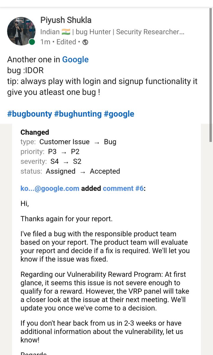 PiyushShukla__'s tweet image. Another one in Google ❤️
#bugbounty #bugbountytips #webpentesting #bugbounty
@ADITYASHENDE17 @impratikdabhi @techhacker98
