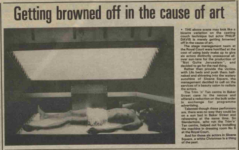 NotJerusalem's tweet photo. This clipping is taken from THE STAGE and TELEVISION TODAY on Christmas Eve 1980, recounting tales from @theroyalcourttheatre production of NOT QUITE JERUSALEM. An arrangement with The Trim ‘n’ Tan centre in Baker Street meant the actors could have an off-season sun-tan #teamwork https://t.co/nwxpWjGH61