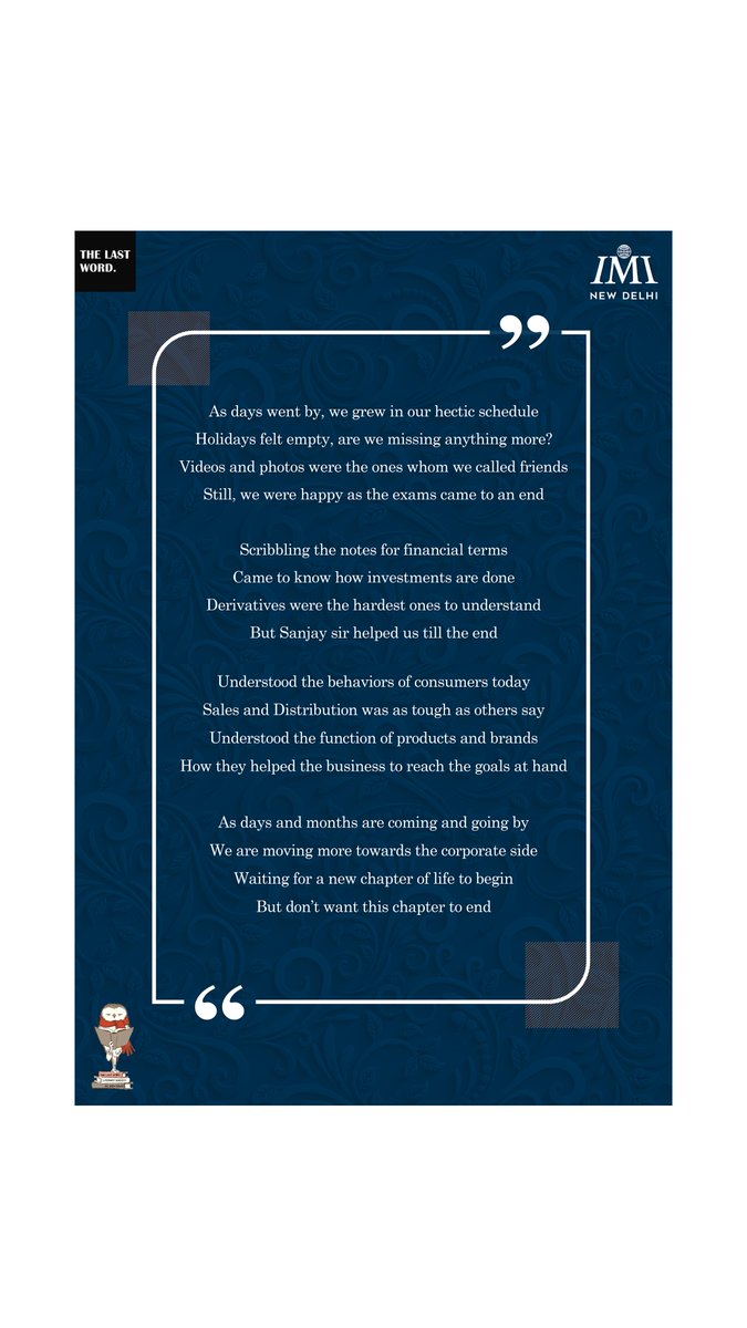 TheLastWordIMI's tweet photo. In this edition, Manish Singh beautifully offers a panoramic view of the life of an MBA aspirant.
#MightyScribes #Fortnight #SunDownOwnOut #Creativity #Scribbles #Literature #MBALife #Expression #BSchool #EducationWithExpression #PoetrySociety #StudentLife #CollegeLife #LifeAtIMI https://t.co/yeJrydAvWm