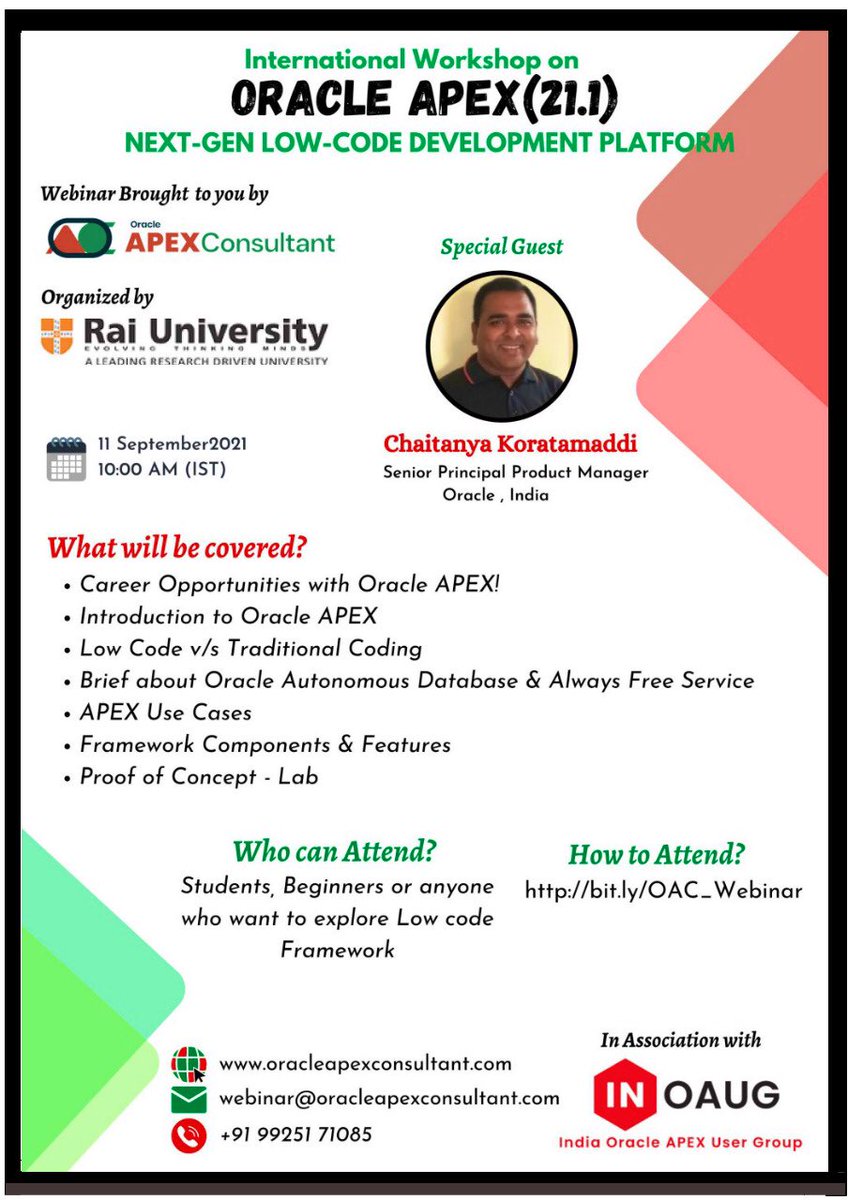 digvijay_in's tweet image. Register for an International event of @OracleAPEX and explore the career opportunities with @OracleAPEX technology from @chaitanya_in. Register here: bit.ly/OAC_Webinar @inoaug @apexconsultant @jpraulji @RaiUniv