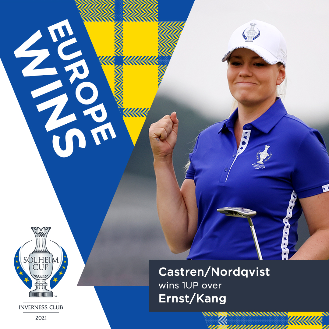 SolheimCupEuro's tweet photo. .@ANordqvist &amp; @CastrenMatilda win the first point of the 2021 @TheSolheimCup 🙌🇪🇺

#SolheimCup | #TeamEurope https://t.co/Xl1PJ7oOkK