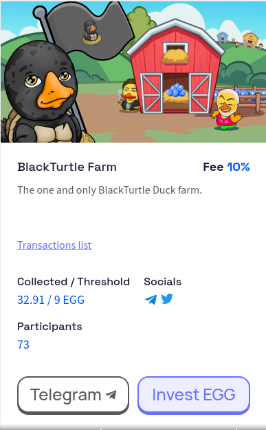 Let's play a game
If we can get to 60 $EGG by wednesday 09 september 2021 23:59, I will personally donate a breedable 100% duck to BlackTurtleFarm.
This will mean our APY will get a huge boost.
Who is in? Let's all share and like this post

#DeFi #Play2Earn #NFT #passiveincome