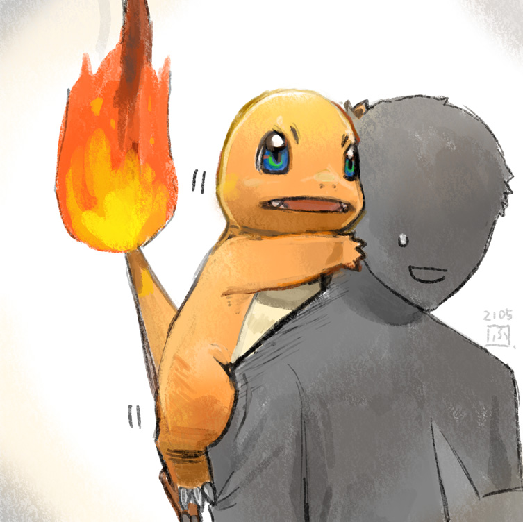 charmander pokemon (creature) ? holding blue eyes flame-tipped tail food fangs  illustration images