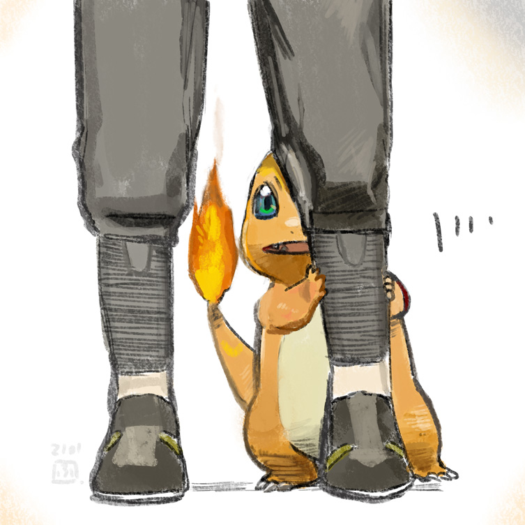 charmander pokemon (creature) ? holding blue eyes flame-tipped tail food fangs  illustration images