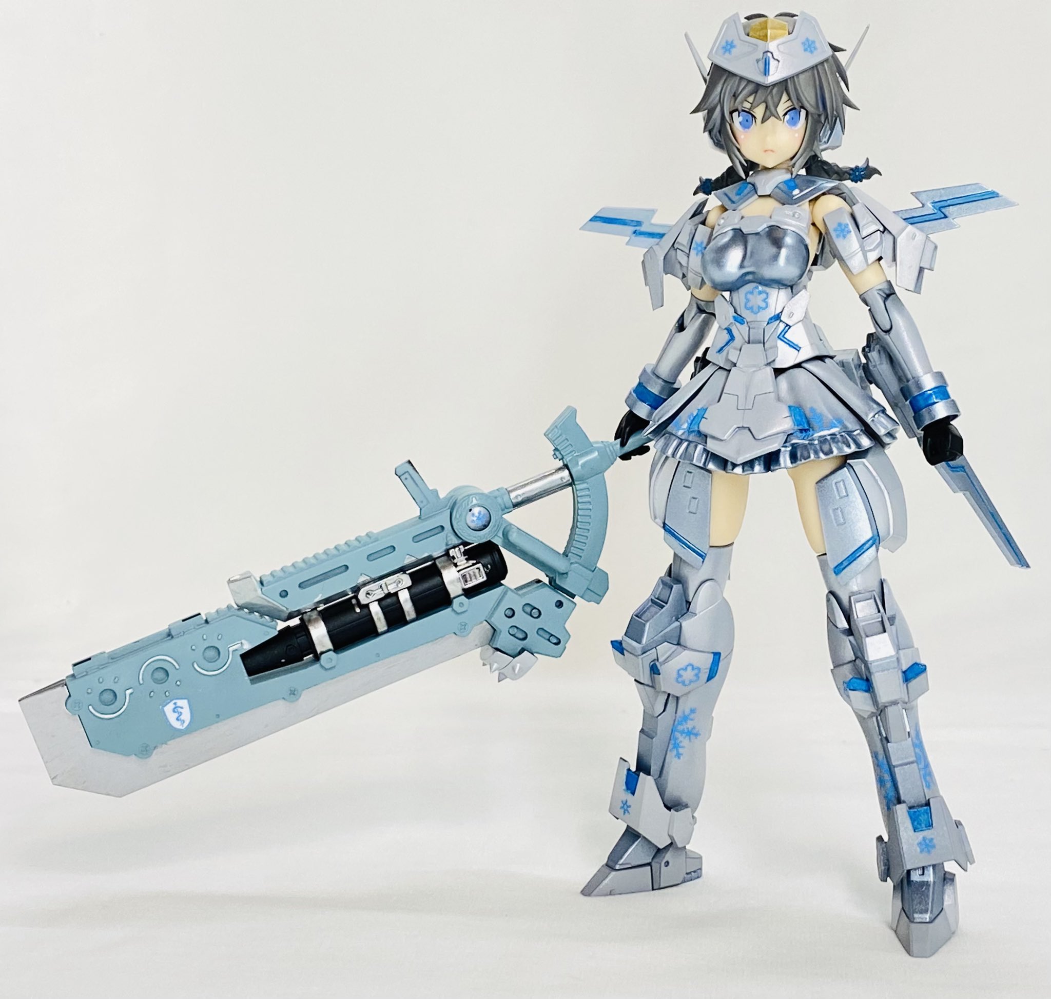 Cyberevoブキヤタミヤ京商万歳 フレームアームズ ガール 六角 潮季 完成しました シルバーを基調としたカラーリングにスカイブルーを差し色にして塗装 デカールはハイキューパーツさんの 雪のデカール ブルー を貼りました キャラデザ繋がりで閃乱