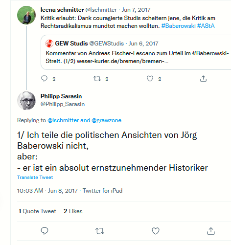 kreiten_irma's tweet photo. #GdG – P. Sarasin, defending a right-wing genocide revisionist, depicting him as "serious" scholar; not caring to look into Caucasus' historiography/= area Baberowski reached "expertise" in &amp; beyond his Westernist's scope.
#multidirectionalmemory #hegemonicgaze #colonialgenocide https://t.co/a2p7ZtF5nP
