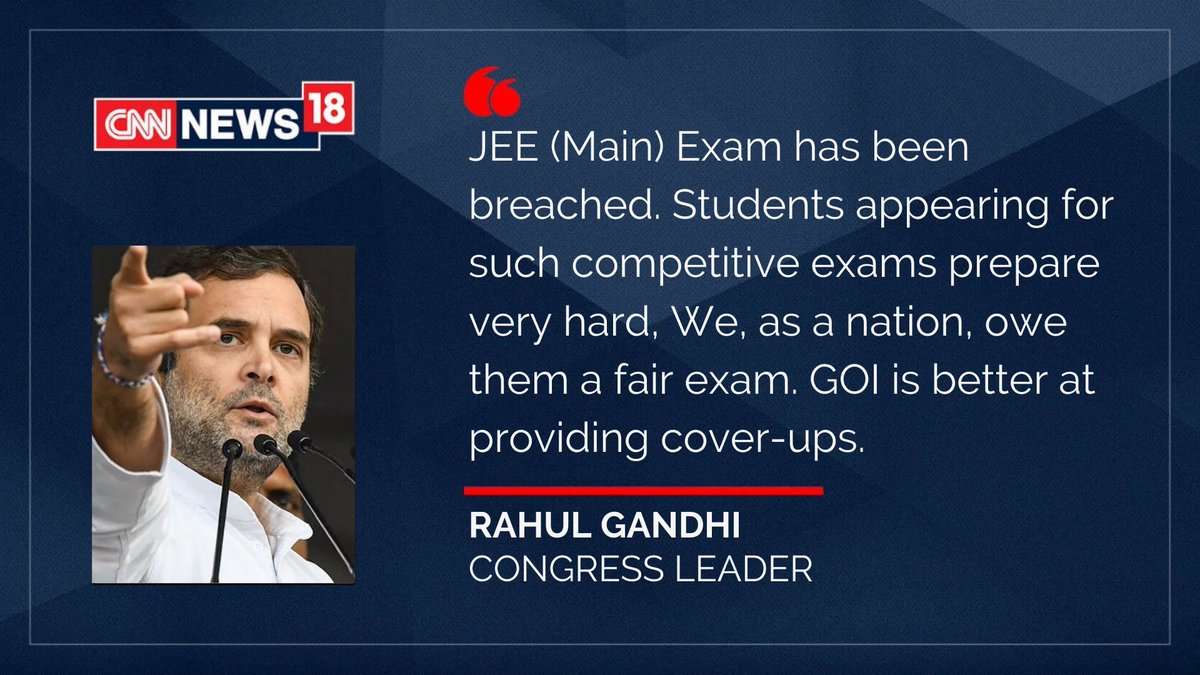 CNNnews18's tweet photo. #JEEMainScam: Coaching Institute Manipulated Exam, Took Test 'Remotely' on Behalf of Students.

Here's what Rahul Gandhi has to say.

Read More: https://t.co/lZ7JJTBj5y https://t.co/IcfO4YrwKe
