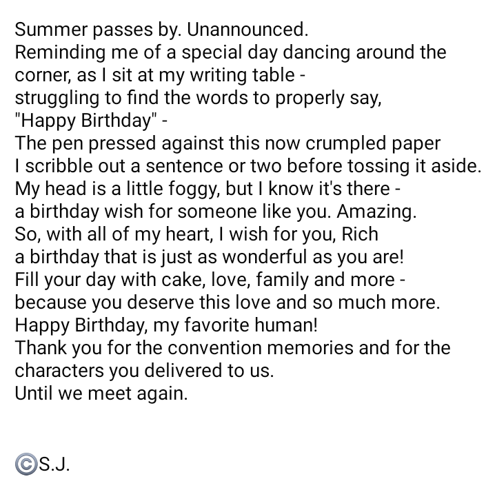 sj_poet's tweet photo. Happiest of Happy Birthdays to *my* favorite person, @dicksp8jr !
Thank you for bringing light to this seemingly dark world, for the laughter, the unforgettable characters, and the music - and thank you for supporting me as a poet. You're truly one of a kind!

#Poem #Poetry #Poet https://t.co/IXjBYTrGzm
