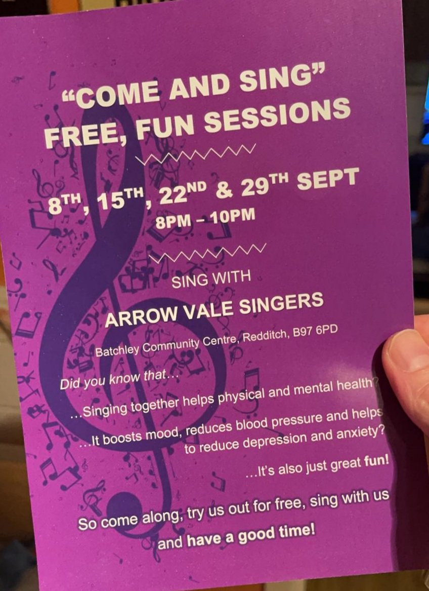 ArrowVale_AVS's tweet photo. @WorcsLive Hello! 👋🏻 We're preparing for a few weeks of "Come And Sing" opportunities, to encourage people to try out the fun and enjoy the mental health benefits of being in a choir 😀🎶 We'd love if you could RT this please? 🙏🏻
📨 arrowvalesingers@gmail.com for more info https://t.co/9c9nTB5Z4z