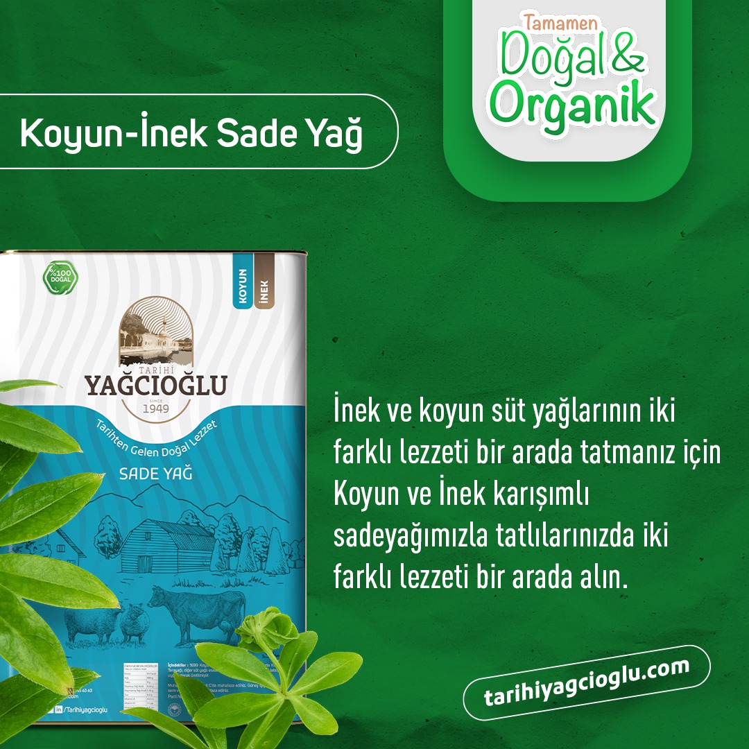 Koyun ve inek süt yağlarının iki farklı lezzeti bir arada tatmanız için Koyun-İnek karışımlı Sadeyağımızla tatlılarınızda ve yemeklerinizde iki farklı lezzeti bir arada alın. 

Hemen tarihiyağcıoğlu.com'a girip lezzeti keşfedin. 
#sadeyağ #ghee   #tarihiyağcıoğlu #baklava