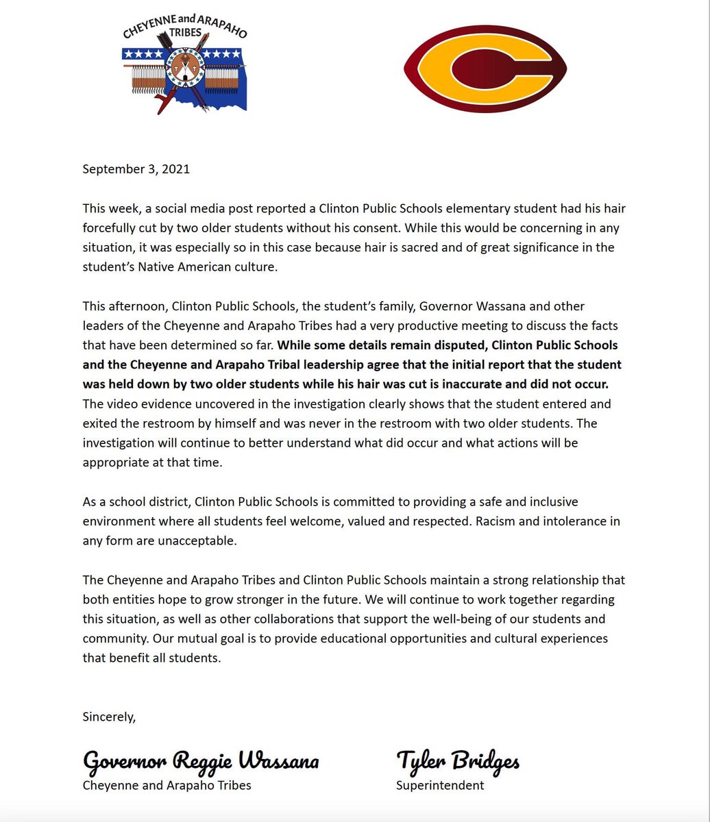 CPSRedTornadoes's tweet photo. Please see the joint statement below between the Cheyenne and Arapaho Tribes and Clinton Public Schools about the alleged incident earlier this week. https://t.co/th4dbnQfZA
