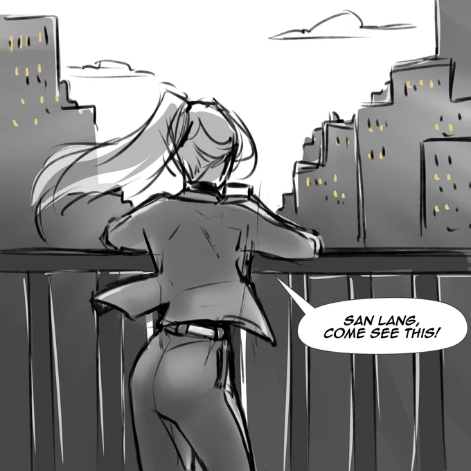 [Lost plot]
You might remember the silhouette from the gege dancing gif. However, it was originally supposed to be Xie Lian enjoying the view of a sunset on a rooftop in Ghost city, meanwhile HC also.. enjoyed the view 