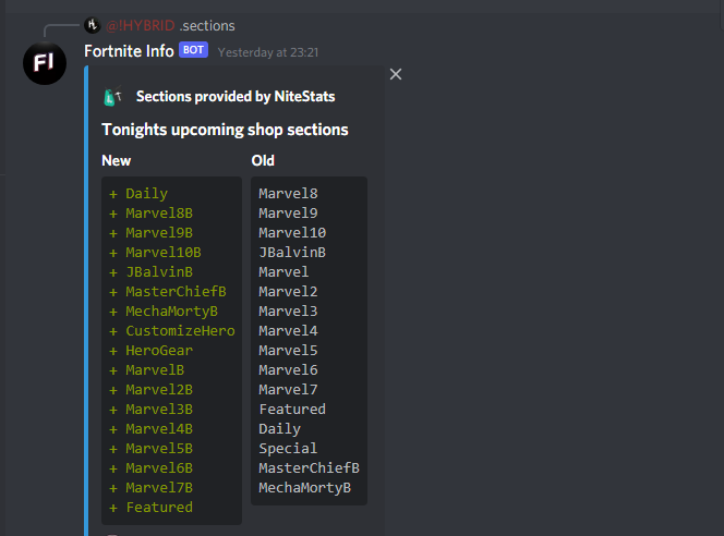 FortniteNotices's tweet photo. Bot Version 2.20
You will now get a ping for each command you use to help with busy servers
Updated Command:
Shop Sections (Now Shows Current Shop Sections And Upcoming shop sections when upcoming shop sections have been added to the api)

Updated Search Command
Revamped commands https://t.co/zNaEHP3U21