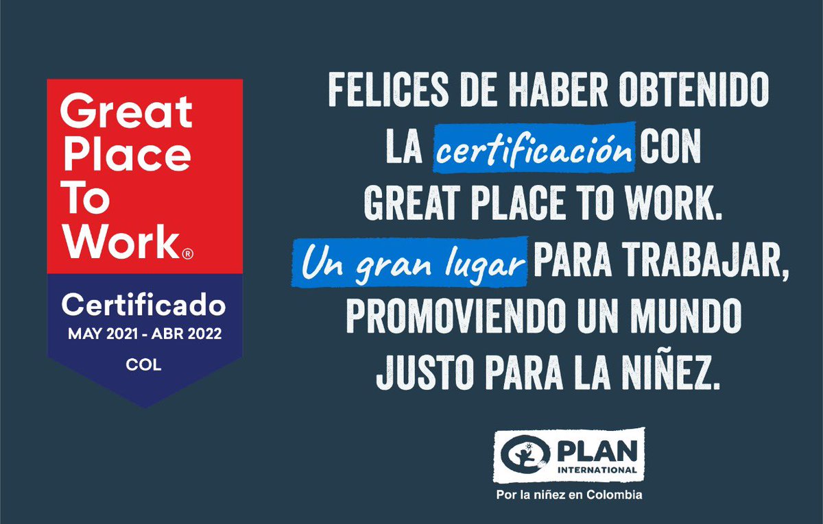 AnzolaDeToro's tweet photo. En @FundacionPlan hemos logrado la certificación de Great Place To Work. 
A través de construcción de relaciones de confianza y velando por su bienestar, logramos que las personas estén satisfechas, orgullosas y motivadas para seguir promoviendo un mundo más justo para la niñez. https://t.co/EQjtfh9SK6