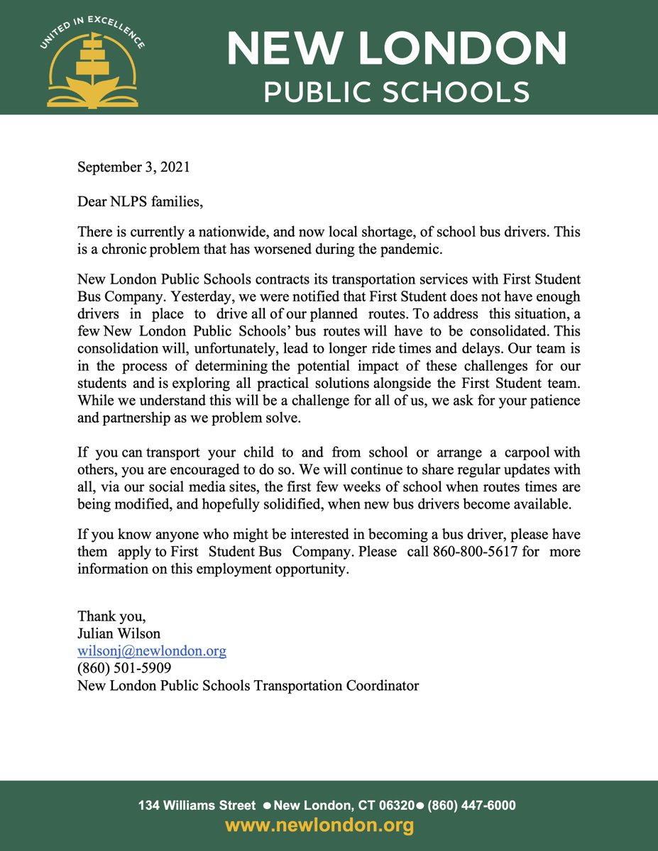 Hello NLPS Families, 
Please see the following message regarding the nationwide Bus Driver Shortage.  To stay up to date on our bus routes, please visit: ow.ly/88hR50G46CS