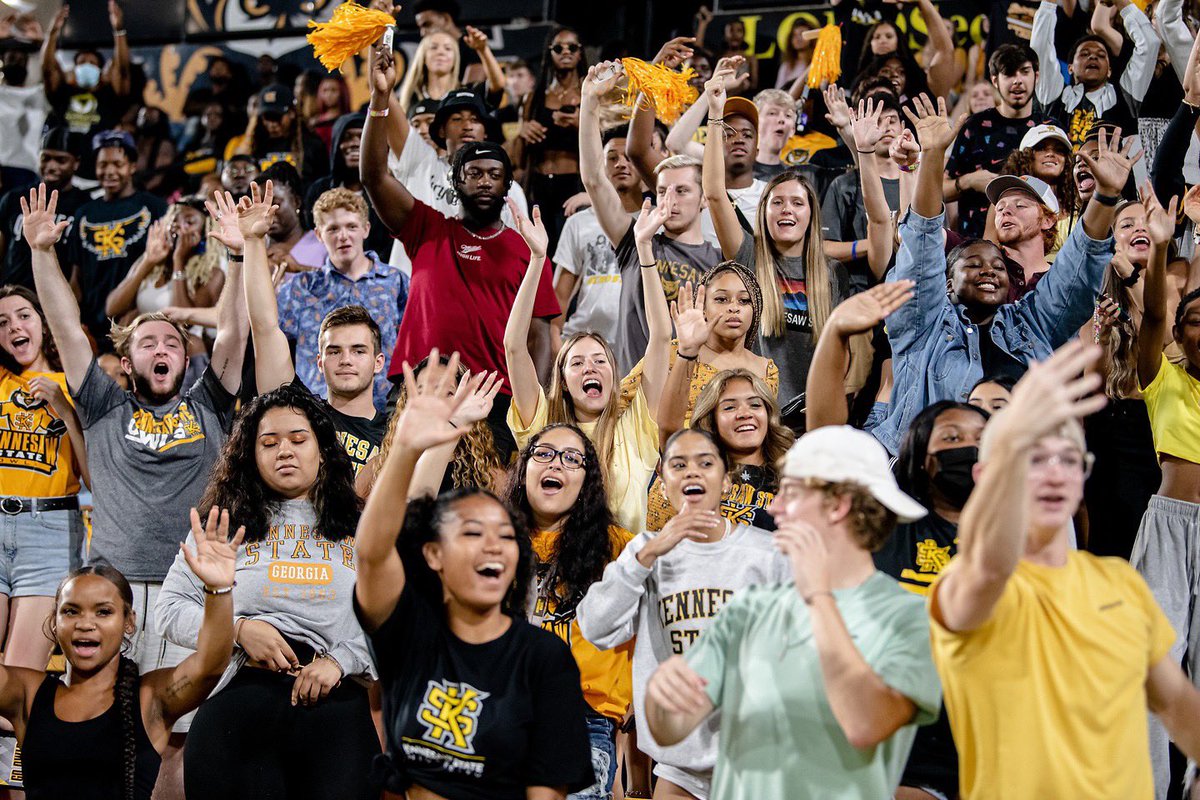kennesawstfb's tweet photo. THANK YOU @kennesawstate students for showing up and being LOUD 🔊

You helped set a new student attendance mark! Now let’s break it Oct.2! 

#GoldStandard | #OneKS https://t.co/bZVDZY2nHO