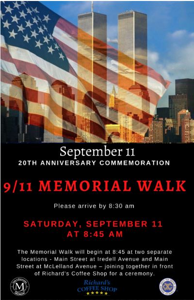 WillowCoaching's tweet photo. 9/11 Memorial Walk in Downtown Mooresville - https://t.co/sge1nLJlCD

All are invited to attend this silent walk and ceremony on Saturday, September 11. https://t.co/zzQBymQ9Mk