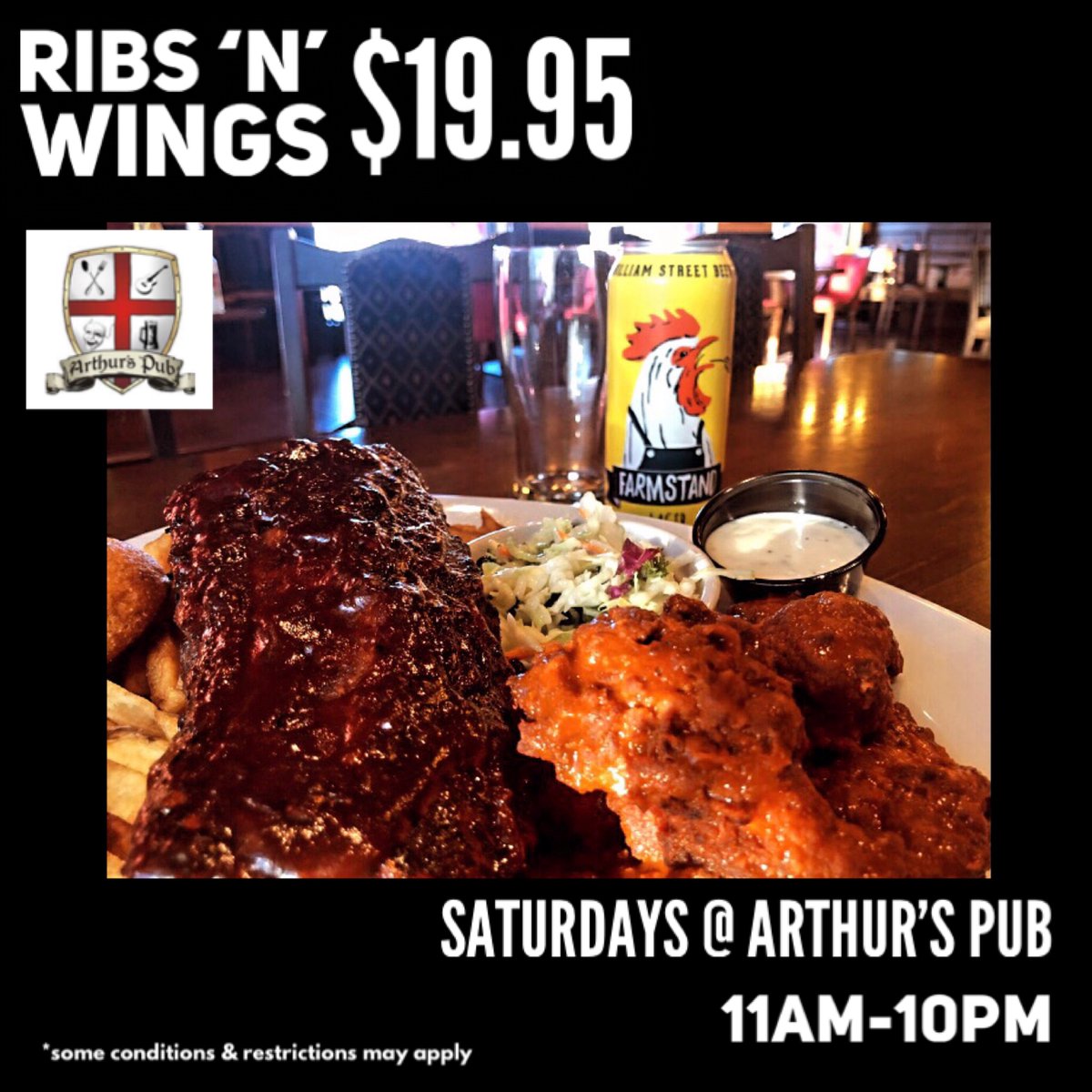 Arthurs_Pub's tweet photo. Our Rib &amp; Wing combo can’t be beat! Stop in Saturdays for this incredible special at Arthur’s Pub!
#ribsandwings #localcraftbeerspecial William Street Beer Co. #saturdaysonly #dinein #takeoutavailable #linkinbio https://t.co/JwqHjyN47F