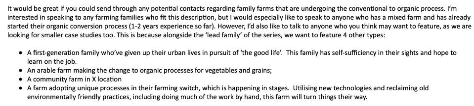 I've been asked to be involved in a potential programme about family farms converting to #Organic but also four other types of farms (see pic). If you fit any of the criteria and would like to be involved (or you know someone who might be) do DM me