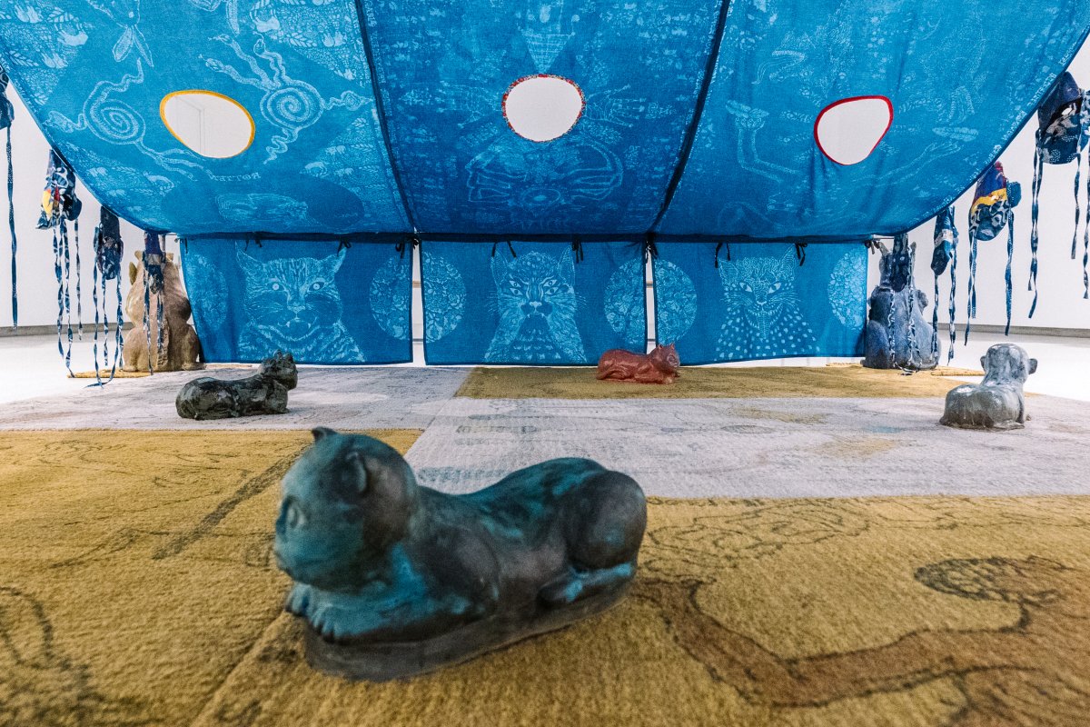 walkerartcenter's tweet photo. Cats abound in the gallery space. From ceramic cats to the video’s animated cat demon, #CandiceLin: Seeping, Rotting, Resting, Weeping proposes an animist worldview—one that asks us to shift our focus from the human to the more-than-human world. #OnView→ https://t.co/TnXYD7YTUv https://t.co/uZxR26JCLt