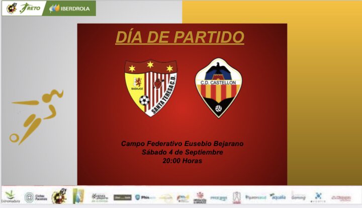 JORNADA 1| RETO IBERDROLA 🔴⚪

🆚<a href="/cdcastellon/">CD Castellón</a> 
🗓 04/09
🕦 20:00
📍 Campo Federativo Eusebio Bejarano 

#AúpaSanta #RetoIberdrola #FutFem #Badajoz