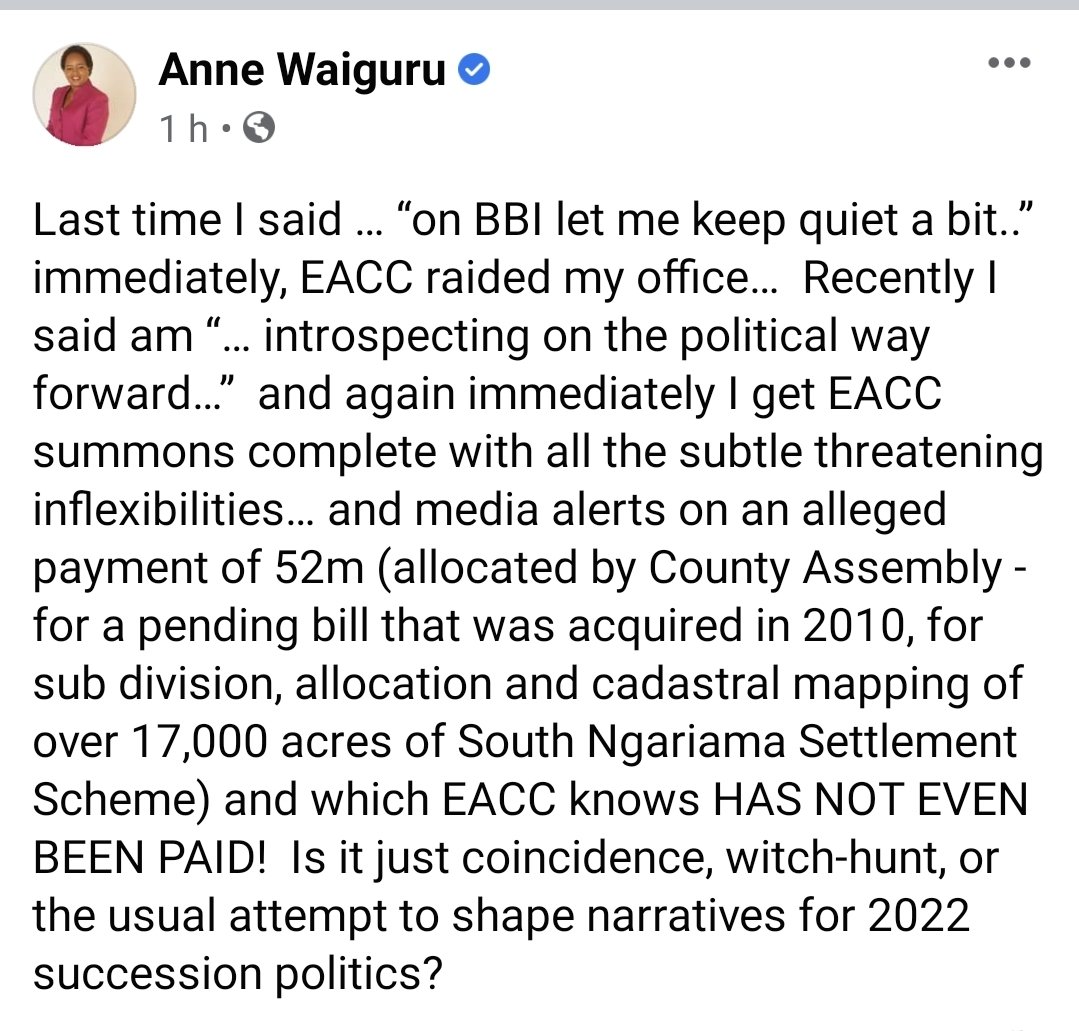 AnneWaiguru's tweet photo. Last I said -“on BBI let me keep quiet a bit” immediately,EACC raided my office. Recently I said am “..introspecting on the political way forward” &amp; again immediately I get EACC summons..Is it just coincidence, witchhunt or the usual attempt to shape narratives for 2022 politics? https://t.co/uP6NTfgDRg