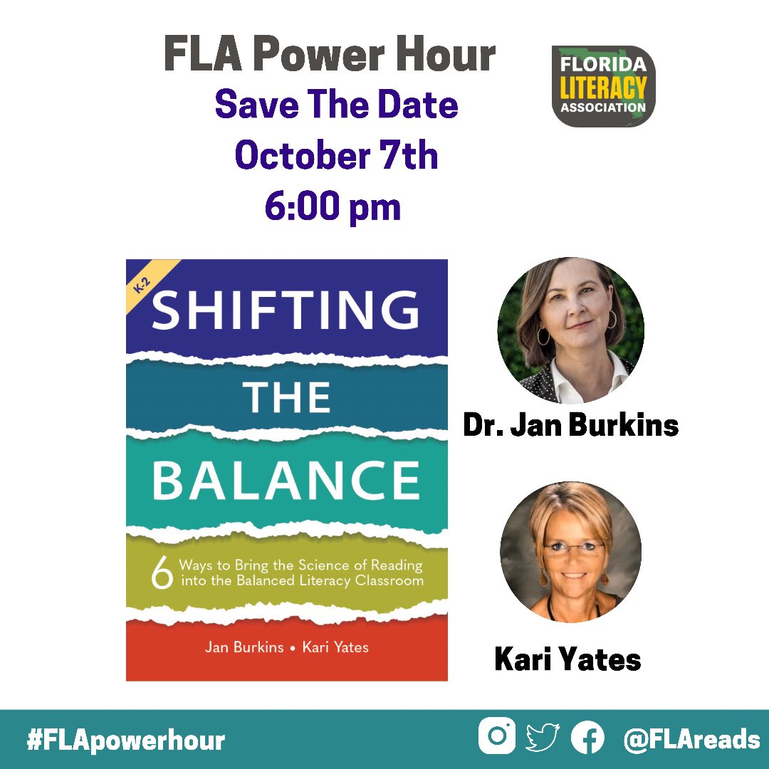 FlaReads's tweet photo. Updated post. Look who’s on deck for our next FLA Power Hour. 💫📚@drjanburkins and Kari Yates will be with us on Thursday,October 7th at 6:00 pm. Invite your friends &amp; Join https://t.co/l9k4HfGPpQ   #FLA #FLAPowerHour #FLAProfessionalLearning https://t.co/jpIWgMdo39