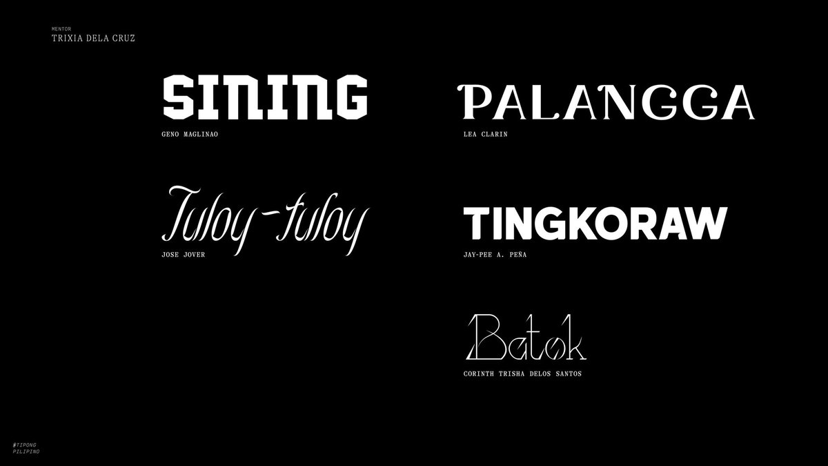 TipongPilipino's tweet image. Pili Pino, our first ever type design mentorship program draws to a close today with a final showcase of works over Zoom. Arranged according to our breakout groups, here are the works of our new breed of Filipino type designers! Congratulations to our 24 mentees! 🥳