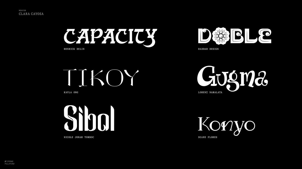 TipongPilipino's tweet image. Pili Pino, our first ever type design mentorship program draws to a close today with a final showcase of works over Zoom. Arranged according to our breakout groups, here are the works of our new breed of Filipino type designers! Congratulations to our 24 mentees! 🥳