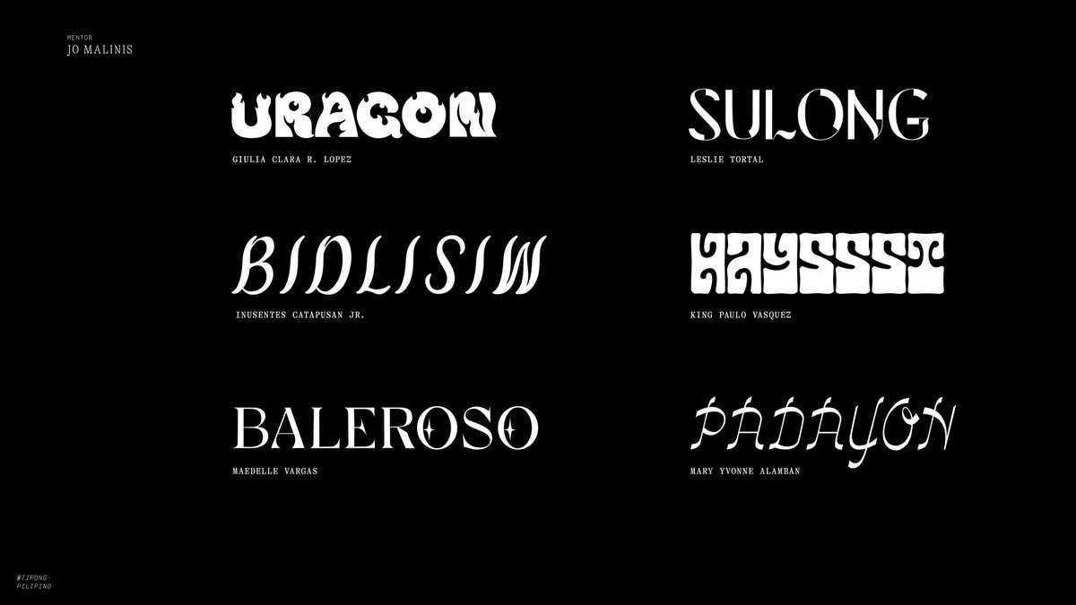 TipongPilipino's tweet image. Pili Pino, our first ever type design mentorship program draws to a close today with a final showcase of works over Zoom. Arranged according to our breakout groups, here are the works of our new breed of Filipino type designers! Congratulations to our 24 mentees! 🥳
