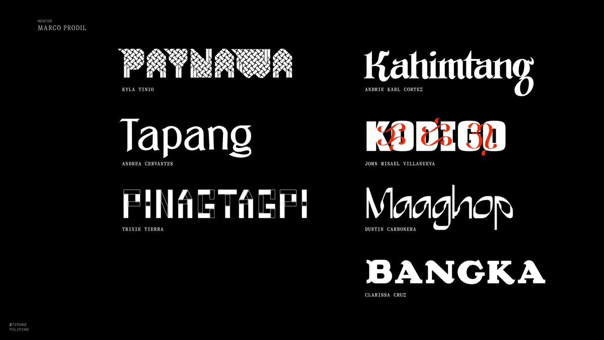 TipongPilipino's tweet image. Pili Pino, our first ever type design mentorship program draws to a close today with a final showcase of works over Zoom. Arranged according to our breakout groups, here are the works of our new breed of Filipino type designers! Congratulations to our 24 mentees! 🥳