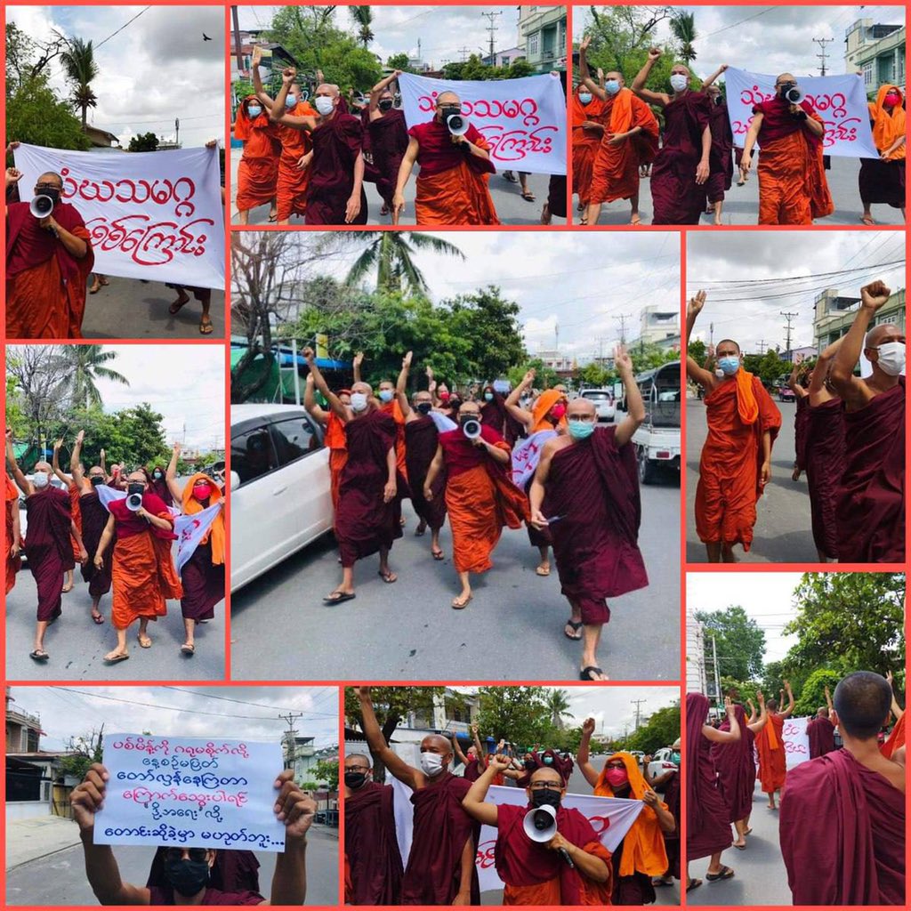 ThomasZinAung's tweet photo. Despite the arrests &amp; difficulties, the Sangha Union strike in Mandalay took over the streets to protest the military dictatorship. #TakeAction_NoMoreWords #Sep4Coup  #WhatsHappeningInMyanmar https://t.co/1uyoKjruhN