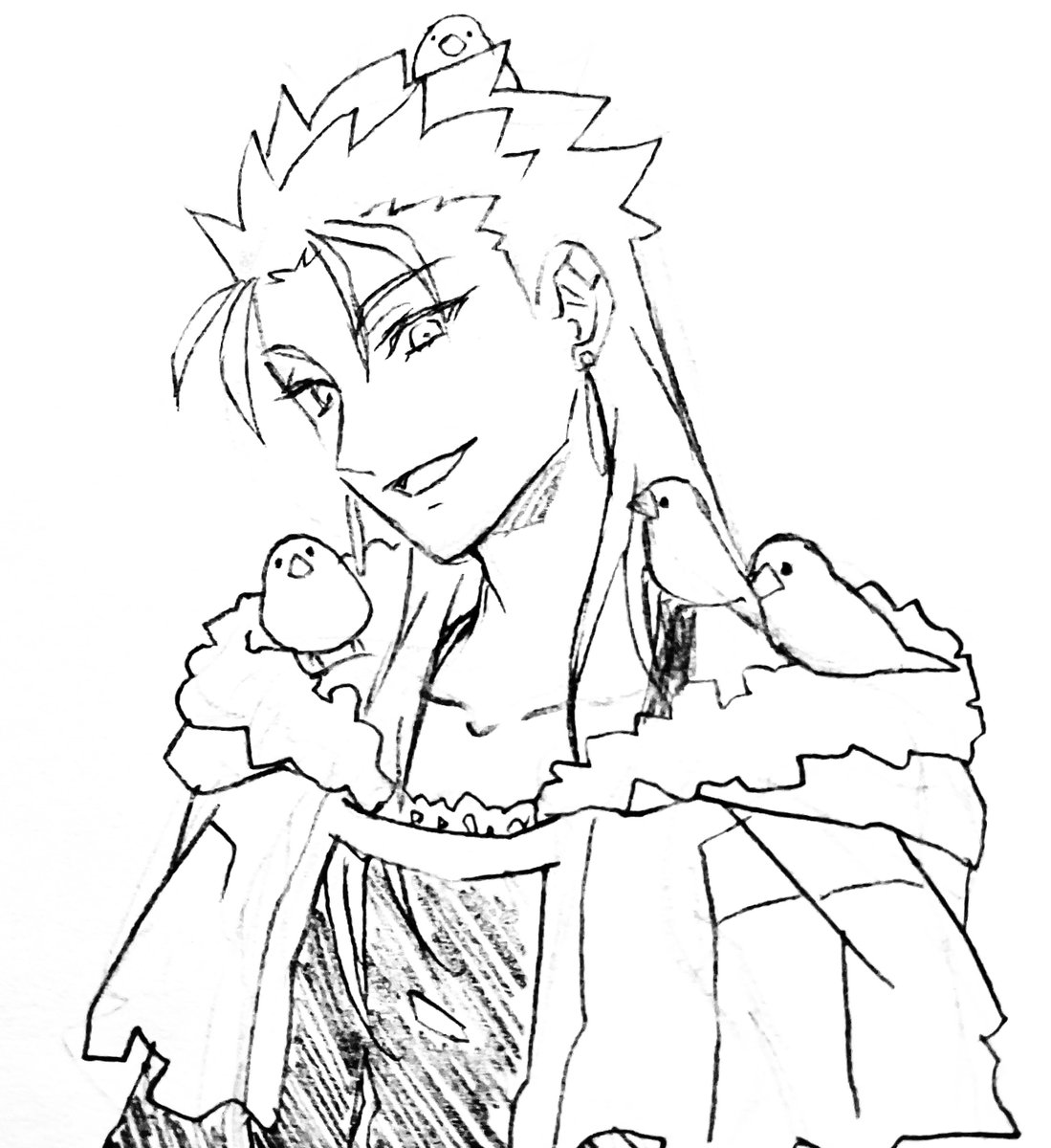 キャスニキと鳥の組み合わせを見たくて描こうと思って描いたんだけど、何も見ずにに描いたらこれ文鳥だ 