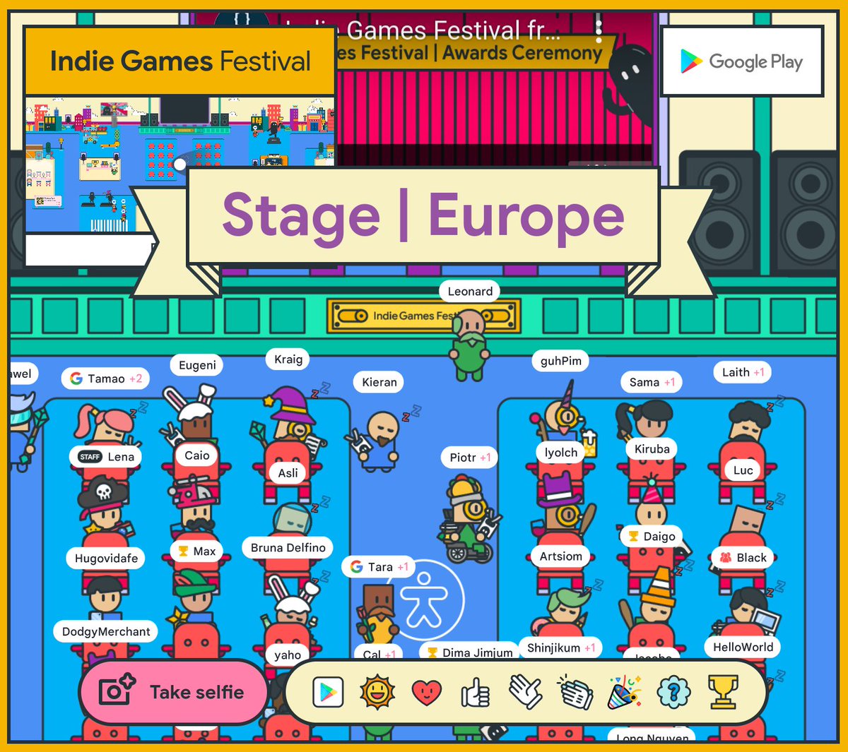 Screenshot of the stage in Eurpoe showing participants avatars 