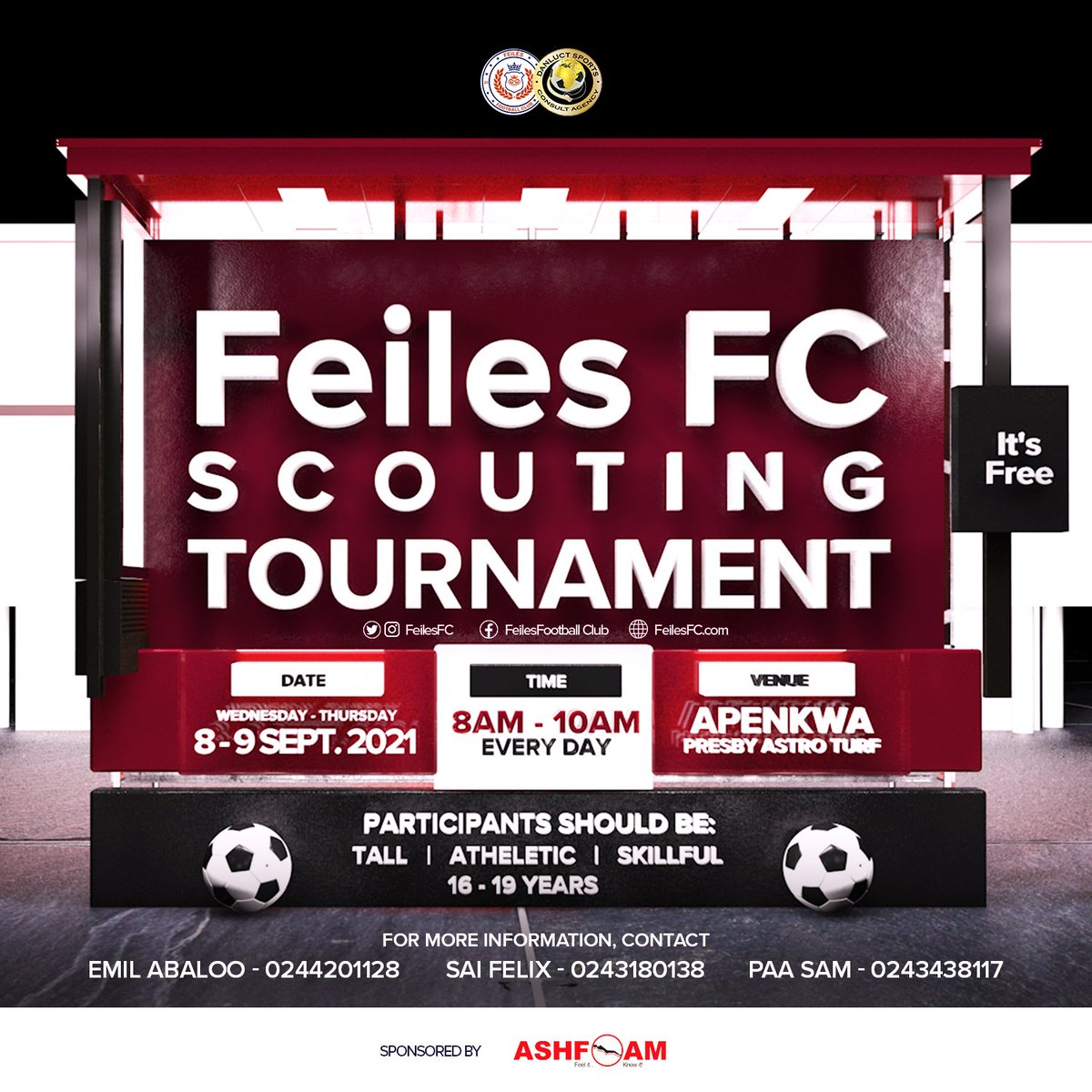 feilesfc's tweet photo. Make a date with us next week Wednesday and Thursday as we scout for exceptional talents that will transform world football.
See you soon
@AshfoamGhana
@Emil_Abaloo
#football #scout #scouting #ghana #africa #superstar #world #global #talent #soccer #tournament #ashfoam #star https://t.co/KAQEdRDFTT