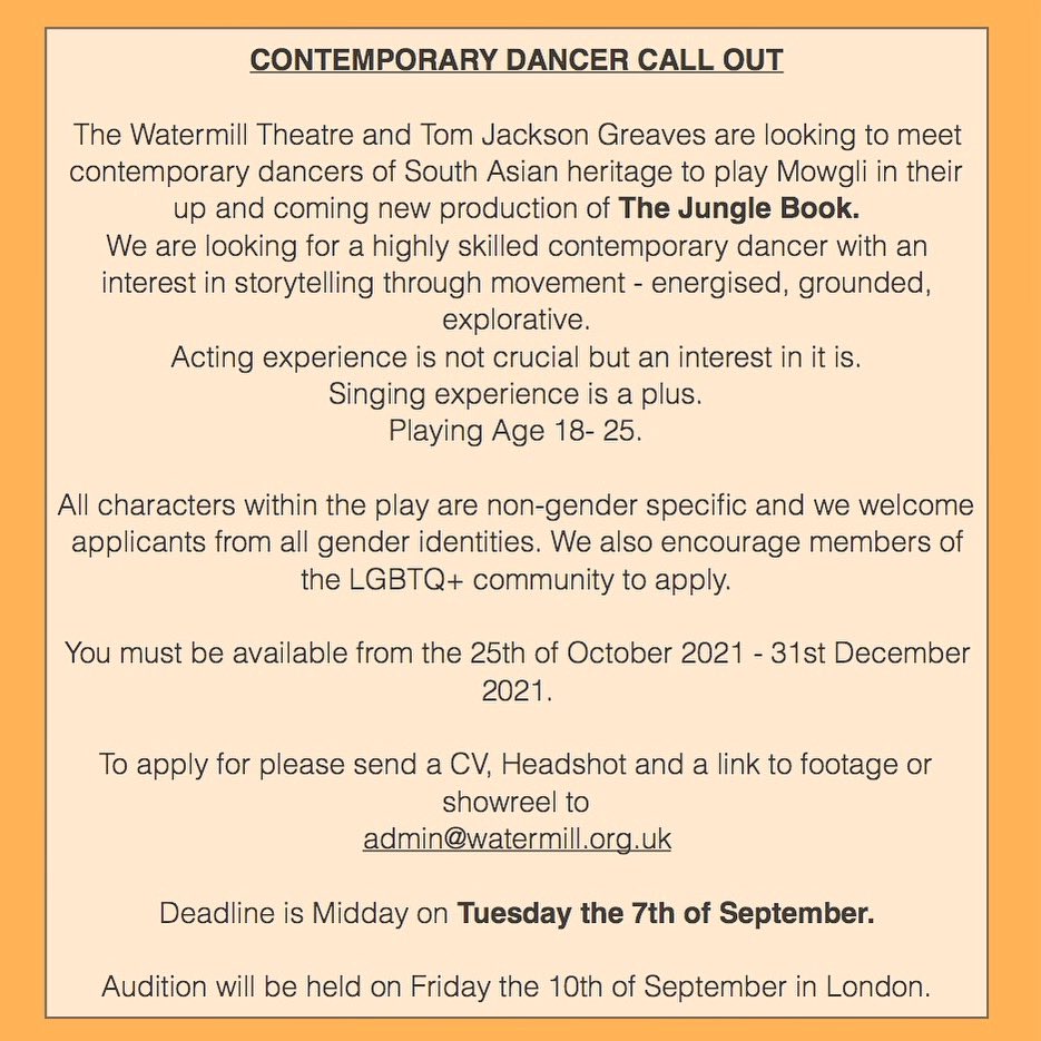 Tom Jackson Greaves (@tjg_uk) on Twitter photo THE JUNGLE BOOK - CONTEMPORARY DANCER CALL OUT! 🌞
Please share/RT with anyone you think interested or suitable to join us for our new production at <a href="/WatermillTh/">Watermill Theatre</a> !
(All other actor musician roles breakdowns on spotlight now!)
#Audition #Dance #London THE JUNGLE BOOK - CONTEMPORARY DANCER CALL OUT! 🌞
Please share/RT with anyone you think interested or suitable to join us for our new production at <a href="/WatermillTh/">Watermill Theatre</a> !
(All other actor musician roles breakdowns on spotlight now!)
#Audition #Dance #London