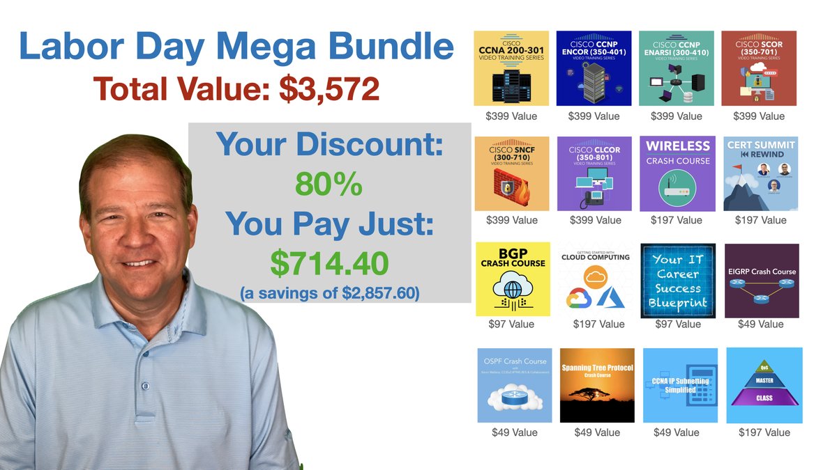 For the first time ever, you get 16 of our top courses in our Labor Day Mega Bundle at an 80% Discount!

kwtrain.com/ld2021 

Happy Labor Day,
Kevin

#cisco #ccna #ccnp #ccie