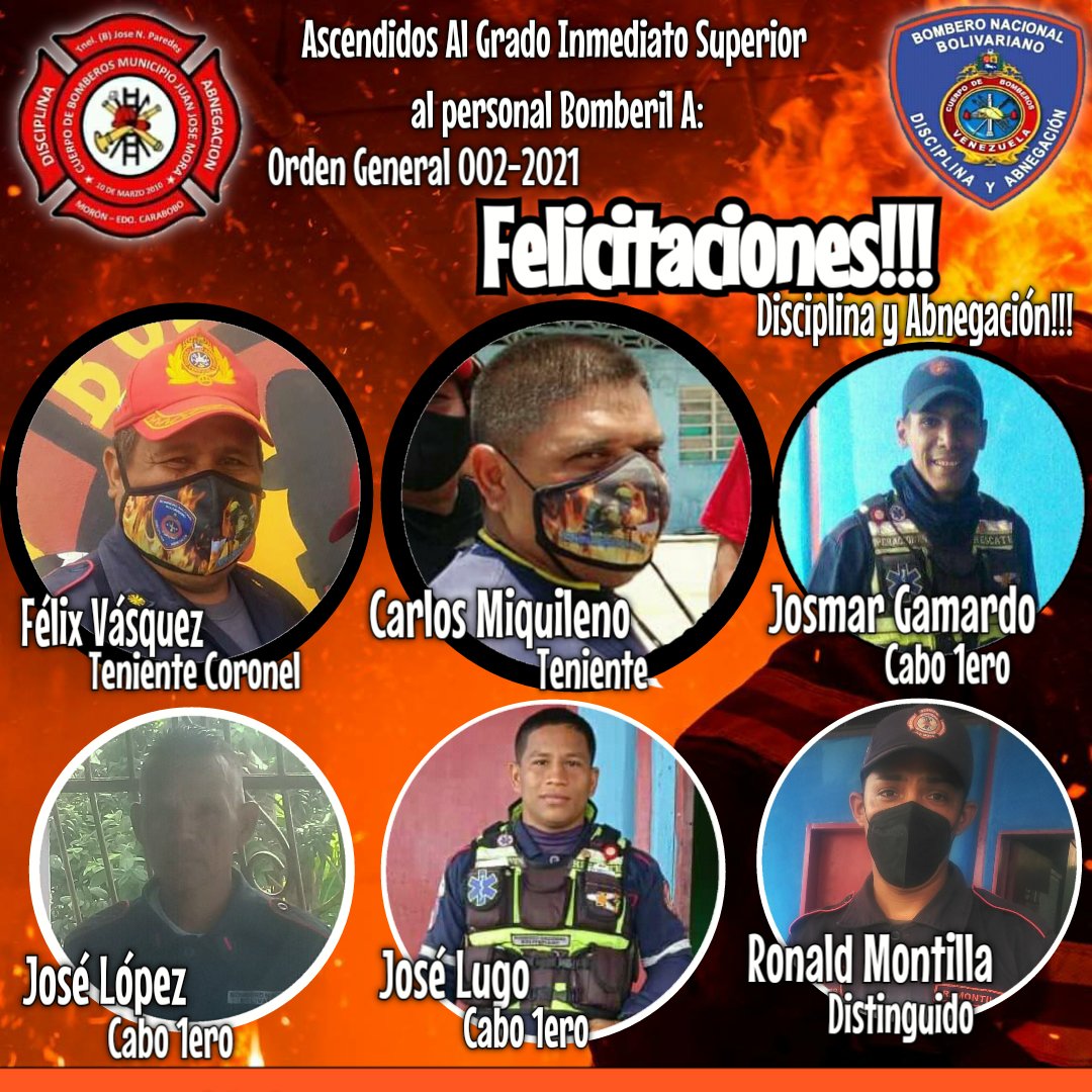 CBomberosjjmora's tweet photo. #ORDENGENERAL N° 002-2021 🇻🇪🚨 Felicitaciones al personal de la Guardia permanente del @CBomberosjjmora por su ascenso al grado inmediato superior.
@MIJP_Vzla @CeballosIchaso1
@DGNBEnLinea @CentralReedan @rafaellacava10 @avilaelguerrero
@DGGEPMIR @japala13
#DiálogoGarantíaDePaz https://t.co/fwZXHsKWix