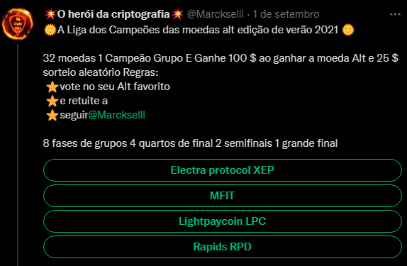 Por favor, vote no Rapids‼ ️⚽️
🌞A Liga dos Campeões da edição de verão de 2021 das moedas alternativas🌞
Ganhe 100$ na moeda ganhadora e sorteio aleatório de 25$
⭐ vote na sua moeda alternativa favorita
⭐ curtir e retuitar
⭐ Segue <a href="/Marckselll/">The crypto hero</a>
x.com/Marckselll/sta…