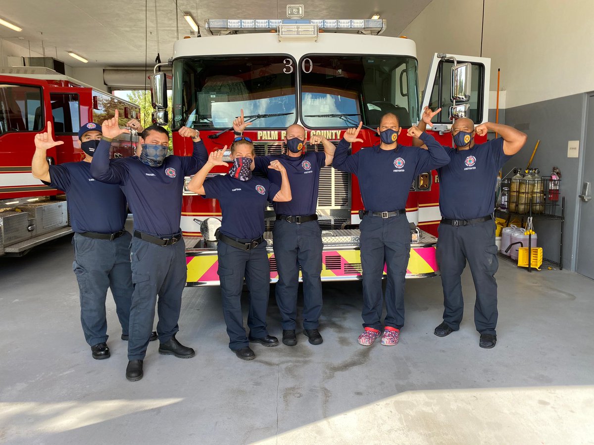 PBCFR's tweet photo. #Station30 19 23 18 knows how to FLEX! 💪 Making a MUSCLE for local families battling Muscular Dystrophy, with a special “Logan” - one of our firefighter’s son diagnosed with Duchenne’s Muscular Dystrophy. We got your back little buddy! #LoganStrong https://t.co/sJkGiQhC7H