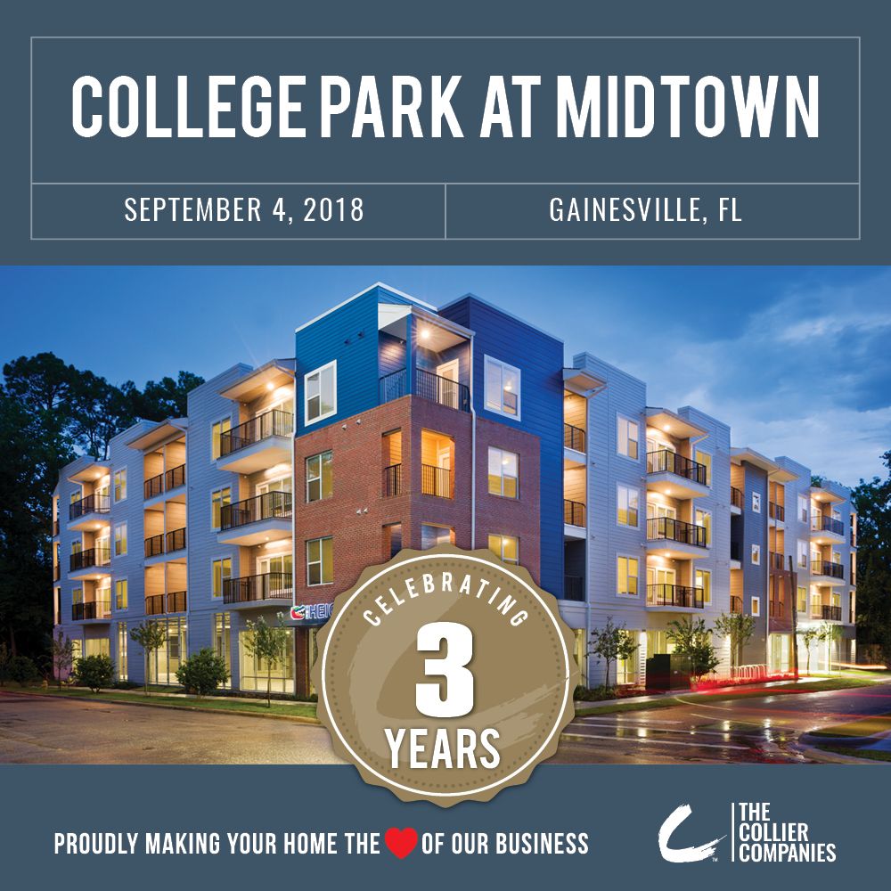 Today, we're celebrating 3 Years of College Park at Midtown Apartments in Gainesville, Florida!