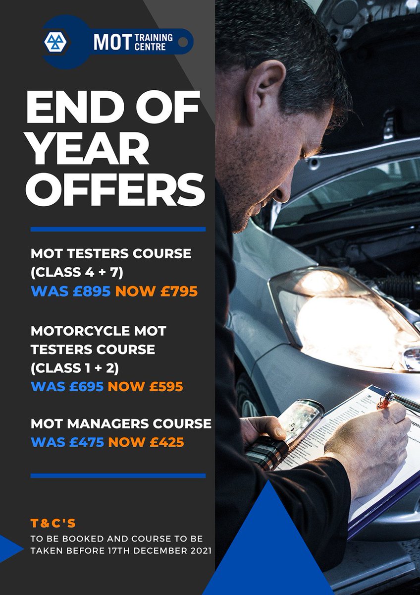 MOT Training Centre (@mottrainingcent) on Twitter photo Don't miss our End of Year OFFERS! For a limited time only.
Contact Us
Tel: 01780 484332
Email: bookings@mottrainingcentre.co.uk
Website: mottrainingcentre.co.uk Don't miss our End of Year OFFERS! For a limited time only.
Contact Us
Tel: 01780 484332
Email: bookings@mottrainingcentre.co.uk
Website: mottrainingcentre.co.uk