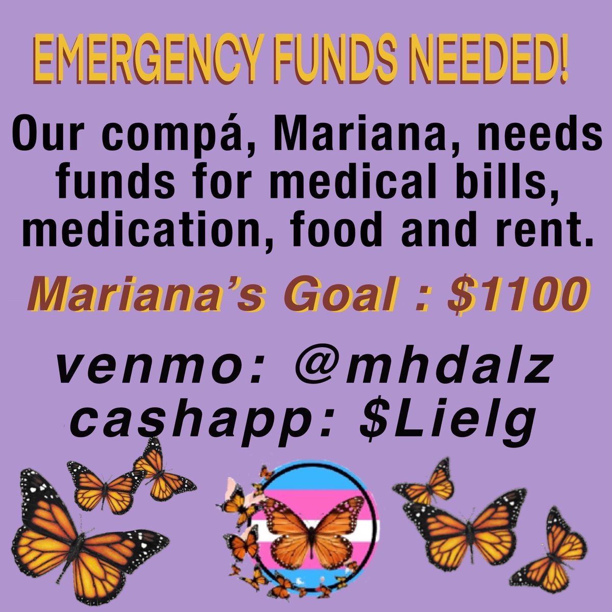 We just need $120 more to meet Mariana’s rent for this month! venmo : @ mhdalz or cashapp : $lielg