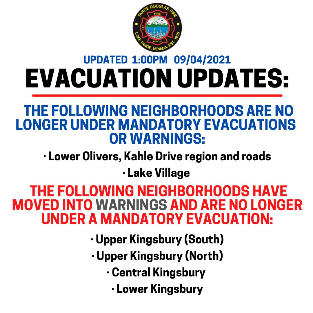 EVACUATION UPDATES 🚨 
All of Kingsbury Grade is still under in evacuation warning. We ask that if residents do return to their homes they remain aware and prepared.