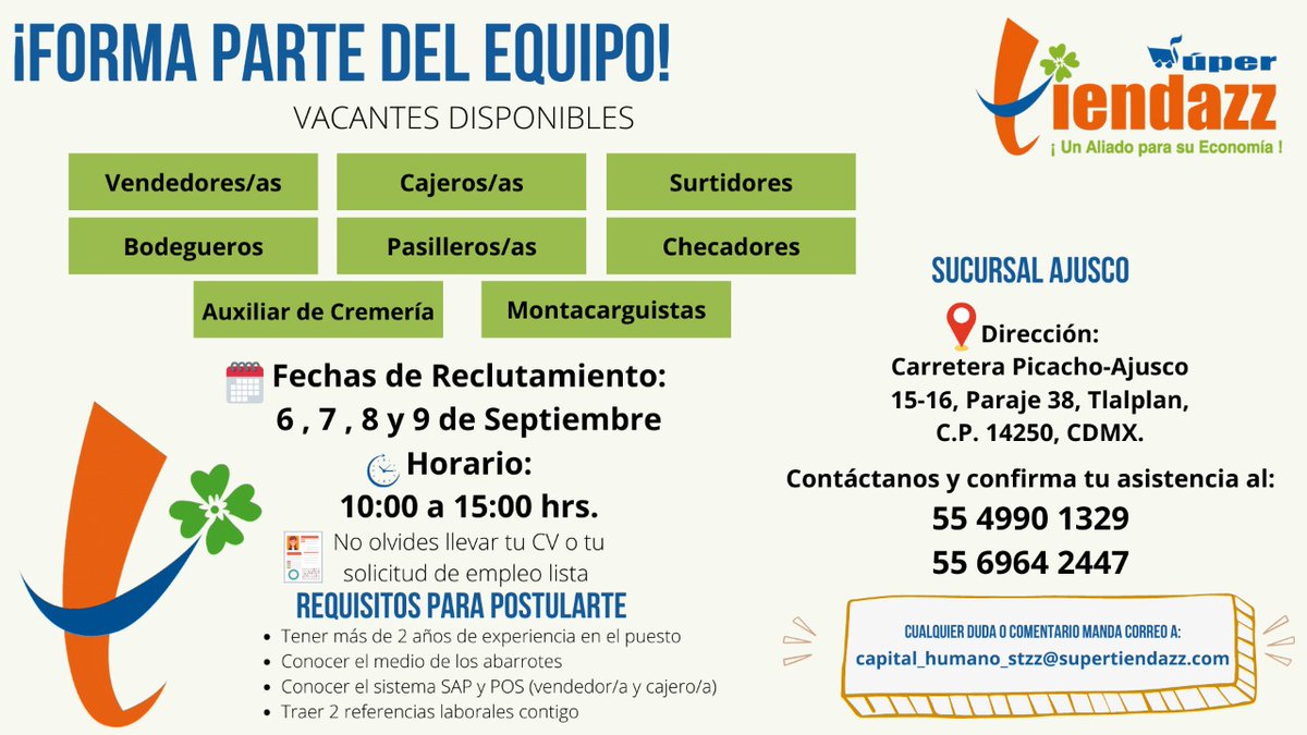 SuperTiendazz's tweet photo. Forma parte de la familia SÚPER TIENDAZZ!!

Te estamos buscando para trabajar en nuestra nueva sucursal ubicada en AJUSCO, contáctanos y únete a nuestro equipo de trabajo!!

🍀 #SuperTiendazz 🍀

#Vacantes #Trabajo #VacantesTlalpan #BolsaDeTrabajo #busquedadeempleo #empleo https://t.co/QmZhXdqCJP