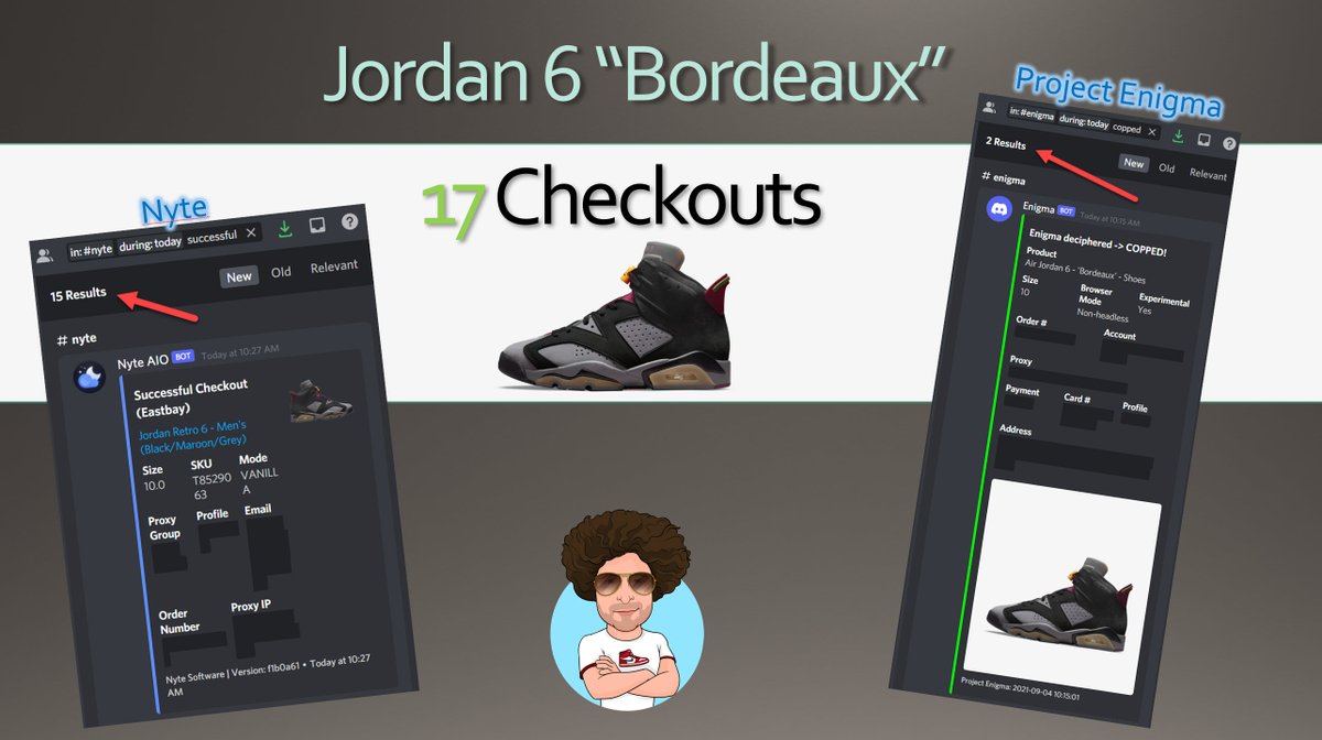 itg33k's tweet photo. 17 checkouts of the Jordan 6 "Bordeaux" today! Special thanks to these guys...

Cook Group: 
@mamiskitchenio 
@TheEssentiaIs 
 
Bot:
@nytesoftware 
@ProjectEn1gma 
 
Proxies:
@GeekProxies 
@VantaProxies https://t.co/3eqE3OWEtT
