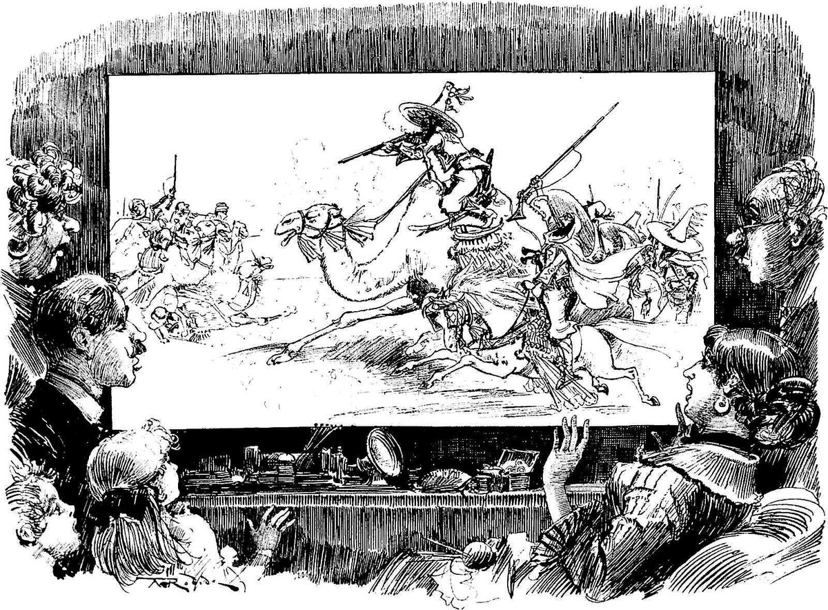 RealPreCinema's tweet photo. In this novel #Robida describes his #cinema (illustration below), which may likely have been taken from a combination of contemporary and near-inventions of the day. Robida conveys the possibility of transmitting both sight and sound in real-time, anywhere and at anytime. https://t.co/Zb9FrBftMW