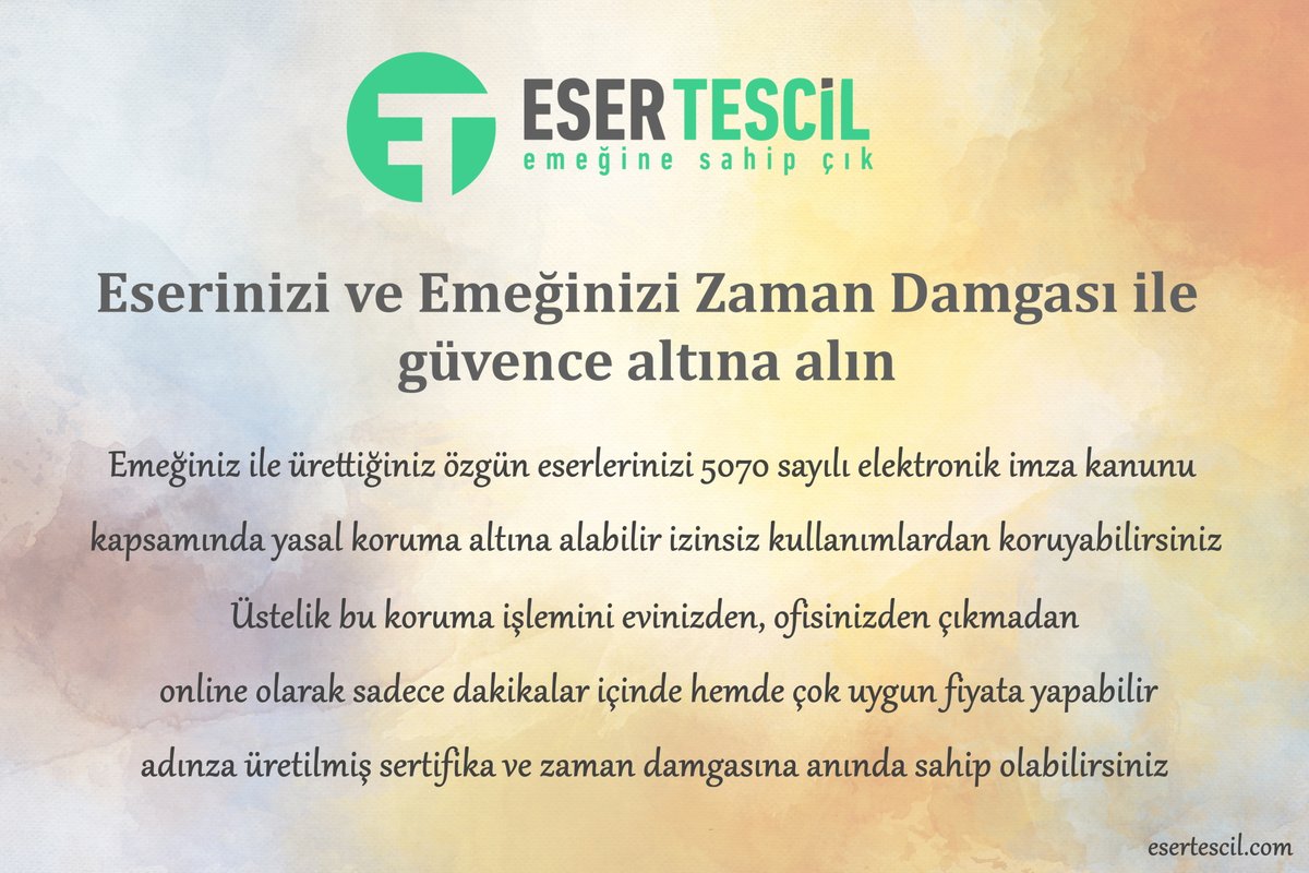 Eser tescil nedir? 
Emeğine sahip çık, zaman damgası ile koru!

esertescil.com

#esertescil #tescil #noter #enoter #eserinikoru #kendinikoru #eser #sanat #yazar #logo #logotasarim #müzik #müzikyazarı #esersahiplen #zamandamgası #sertifika